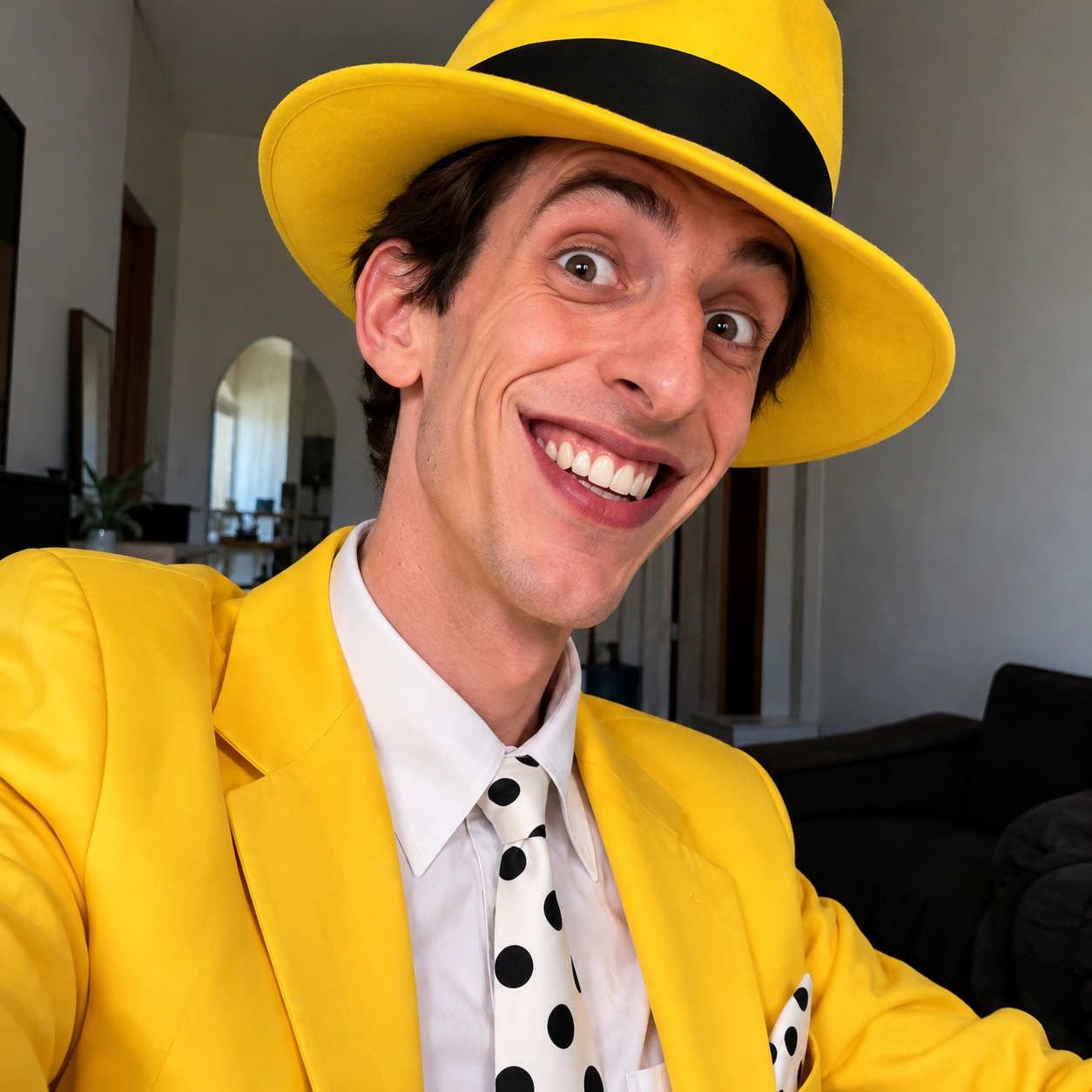 Personagem sorridente com terno e chapéu amarelos