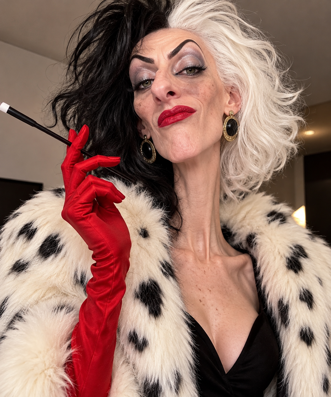 Personagem glamourosa de cabelo preto e branco